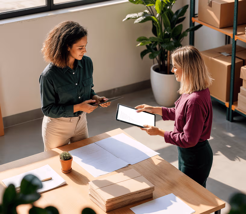 Two women in an office examine a tablet, with boxes visible in the background.